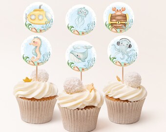 Under the Sea cupcake toppers, Ocean birthday party decorations, Sea baby shower decorations, Underwater birthday decor, Ocean Toppers - 44A