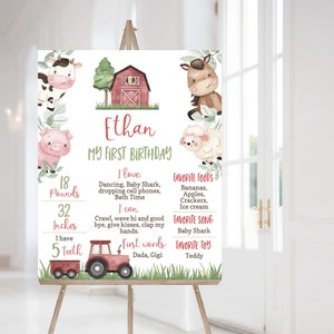 Cartel de hitos de la granja, tablero de hitos de 1 año, decoraciones de primer cumpleaños de la granja, letrero de hitos del primer cumpleaños de animales de Red Barnyard - 11i