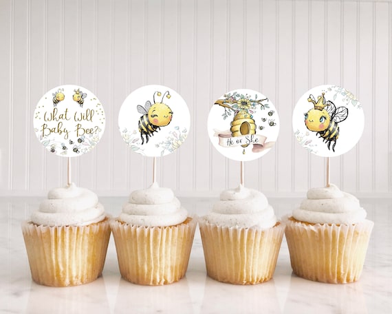 What Will Baby Bee Cupcake Toppers 2", Gender Reveal cupcake picks, Bumble bee He or She printables - 61A Il_570xn