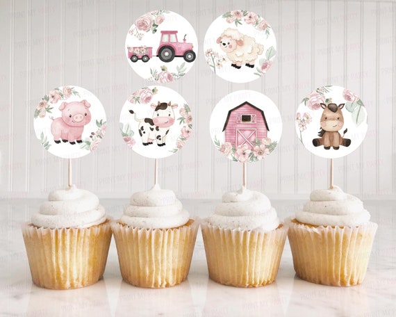 Pink Piggy Farm Barnyard ToppersFood Picks 12 Pink Pig Girl Farm Barn Birthday Party Cupcake Toppers