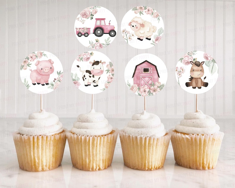 Girl Farm cupcake toppers, Pink Farm birthday party decorations, Floral Farm animals baby shower, Girl Barnyard bash party printables 11A image 1