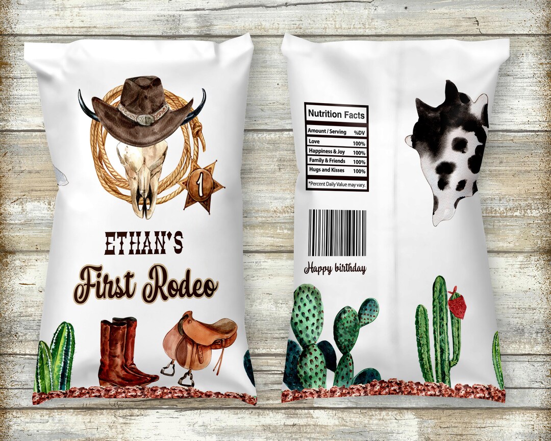 My First Rodeo Chip Bag EDITABLE My First Rodeo Chip Bag Wrapper, Cow Boy Birthday Chip Bag ...