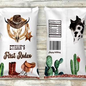 EDITABLE My first rodeo chip bag wrapper, Cow boy birthday chip bag, Rodeo birthday decorations, Wild west theme party printable labels  34A
