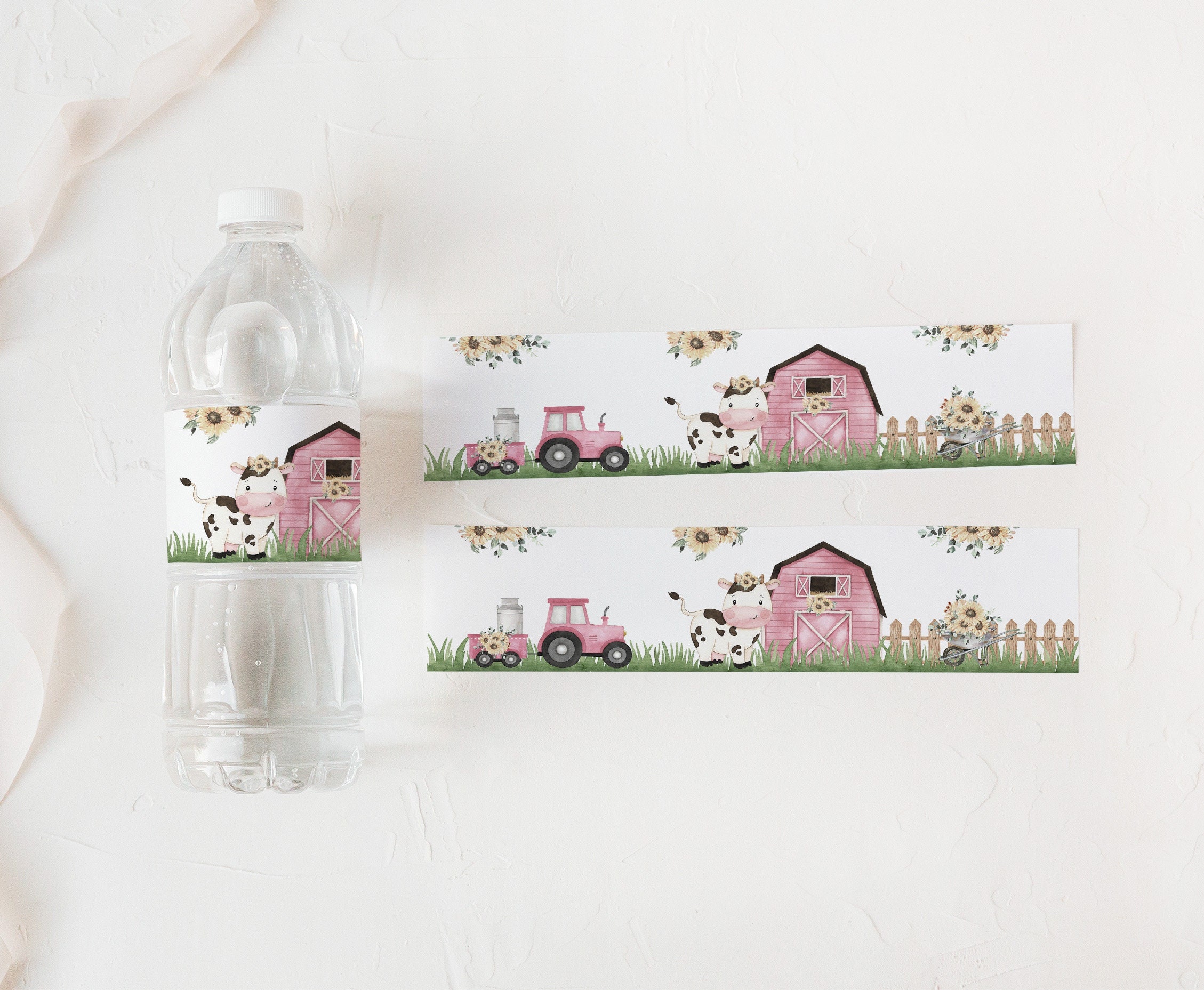 Cow water bottle labels Cow birthday decor for girls Floral farm party printables Girl farm party Sunflowers Cow baby shower