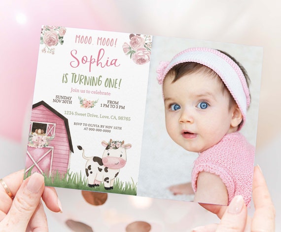 Cow Girl photo invitation, Instant download, EDITABLE Floral Farm birthday Invitation, Pink Barnyard party printable invite, Farm Theme 11A Il_570xn