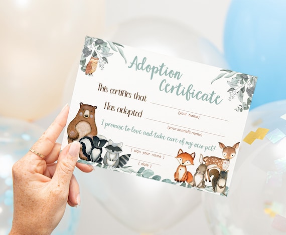 woodland animal adoption certificate, Adopt an animal, forest animals birthday printable, Woodland Birthday party Instant Download - 47J Il_570xn