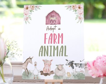 Adopt a farm animal sign, Girl Farm table signs, Floral Farm Party printables, Girl Birthday table decoration, Girl barnyard decor - 11B