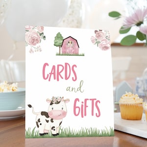 Enseigne pour cartes et cadeaux vache, enseignes florales de table de ferme, décorations d'anniversaire pour fille dans la basse-cour, imprimables pour baby shower vache - 11A