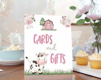 Cow Cards and Gifts Sign, Floral farm table signs, Girl barnyard birthday decorations, Cow girl Baby shower printables - 11A