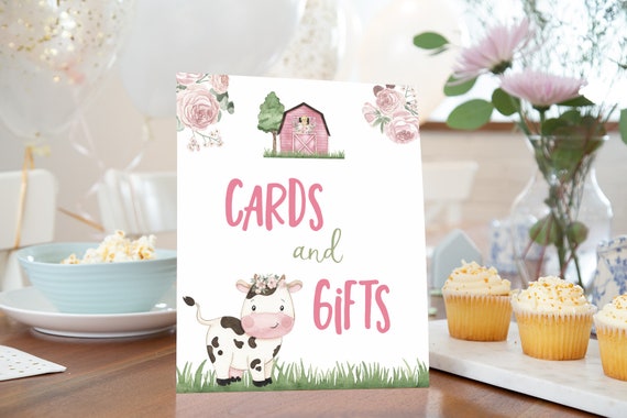 Cow Cards and Gifts Sign, Floral farm table signs, Girl barnyard birthday decorations, Cow girl Baby shower printables - 11A Il_570xn