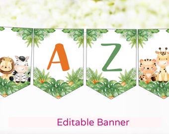 Banner de Safari editable, Banner de cumpleaños de Safari personalizado, decoración de ducha de bebé Safari, alfabeto imprimible de fiesta de la selva, banner de nombre personalizado - 35E