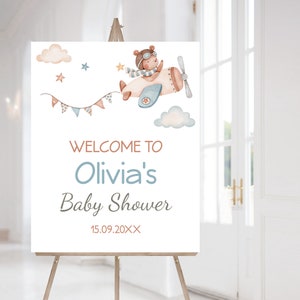 Airplane baby shower welcome sign, Instant download, It&#39;s a boy baby shower decor, Aviator  bear baby shower printable, Airplane sign - 76C