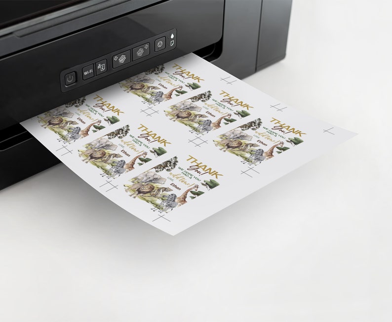 May include: A sheet of thank you cards with a jungle animal theme. The cards are printed with the text "Thank You! We hope you had a wild time!" and the name "Ethan".