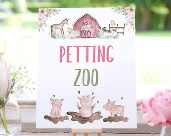 Girl Petting Zoo sign, Floral Farm animals, Girl farm birthday decoration, Pink Farm first birthday party, Girl Barnyard table decor - 11B