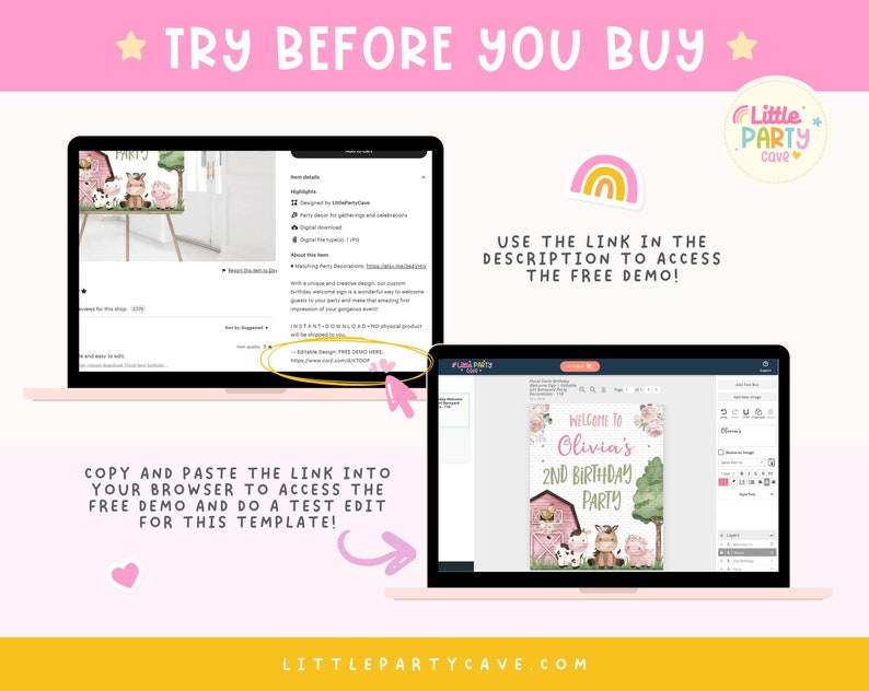 a pink and yellow background with the text try before you buy