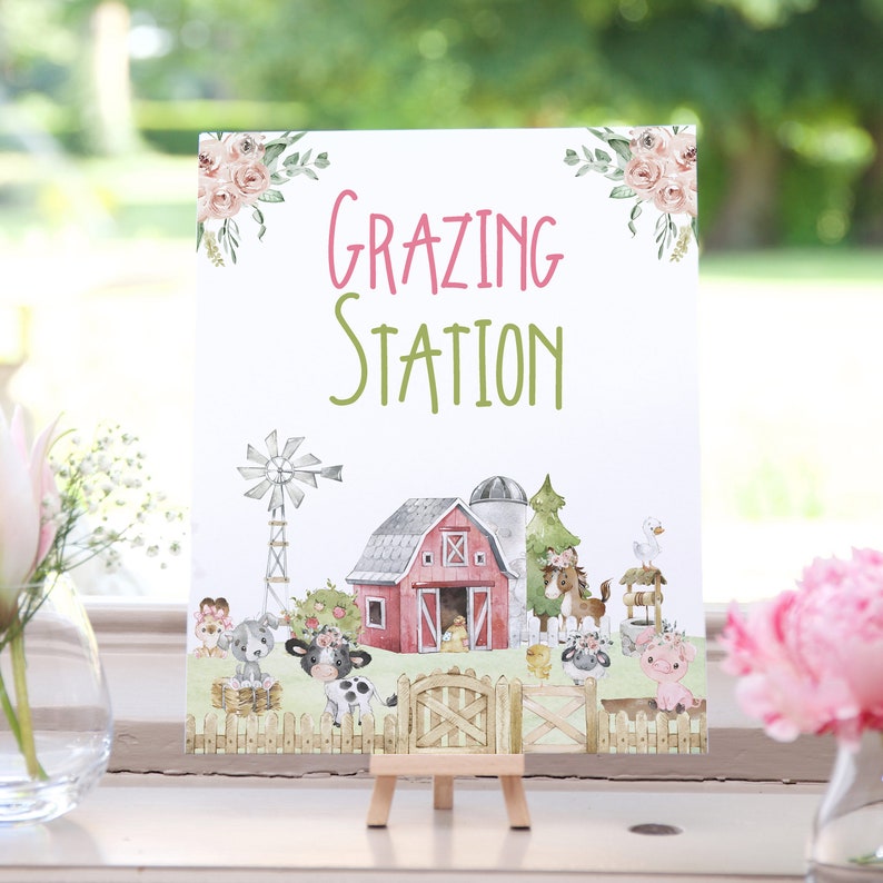 Grazing Station Sign Pink Farm Birthday Decorations Food Etsy