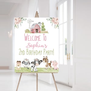 Girl Farm Welcome Sign, Instant download, Floral farm birthday decorations, Girl birthday party decor, Pink Barnyard party printables - 11C1