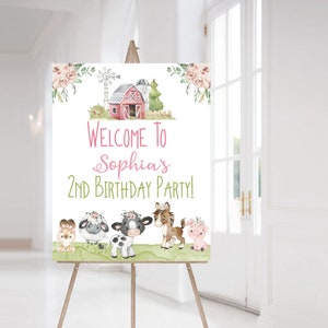 Girl Farm Welcome Sign, Instant download, Floral farm birthday decorations, Girl birthday party decor, Pink Barnyard party printables - 11C1