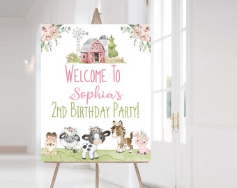 Girl Farm Welcome Sign, Instant download, Floral farm birthday decorations, Girl birthday party decor, Pink Barnyard party printables - 11C1