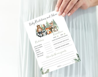 Tarjetas de consejos y predicciones para bebés, Juegos para baby shower del bosque, Imprimibles para baby shower de animales del bosque, Juegos para bebés del bosque - 47J2