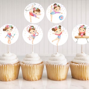 Gymnastic party cupcake toppers, Gymnastic birthday party decorations, gymnastic party, Girls party decorations, Tumbling Party, Sports  99A