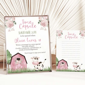 Cartes de correspondance et de carte capsule temporelle vache, premier anniversaire de fille capsule temporelle, décorations pour 1er anniversaire de basse-cour, imprimés fête à la ferme - 11A