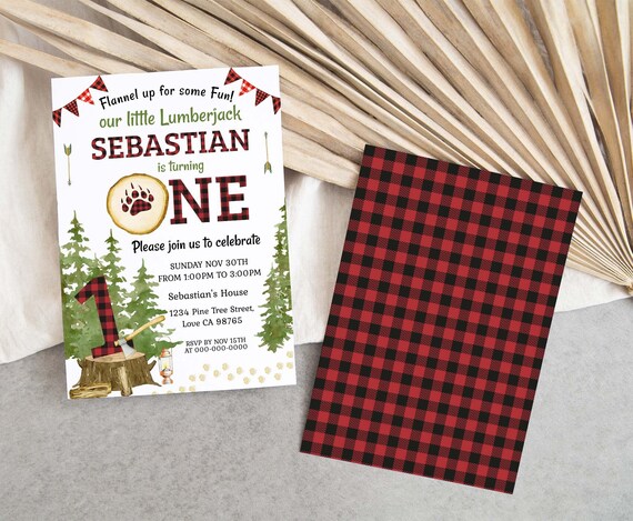 Editable Lumberjack First birthday invitation, Wilderness birthday invitation, Buffalo Plaid 1st Birthday invite, Boy 1st birthday - 19A Il_570xn