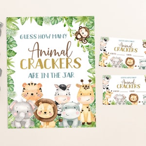 Indovina quanti cracker a forma di animali ci sono nel barattolo, Gioco per baby shower a tema Safari, Stampabile per baby shower a tema animali della giungla, Cartello e biglietti, Download immediato - 35E