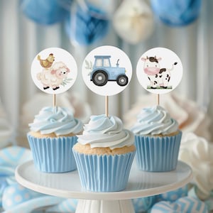Blue Farm cupcake toppers, Farm birthday party decorations, Farm animals baby shower decorations, Barnyard bash, boy party printables - 11J