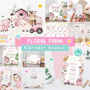 Girl Farm birthday BUNDLE - Floral farm animals invitation and party decorations package, Pink Barnyard party printables set - 11A