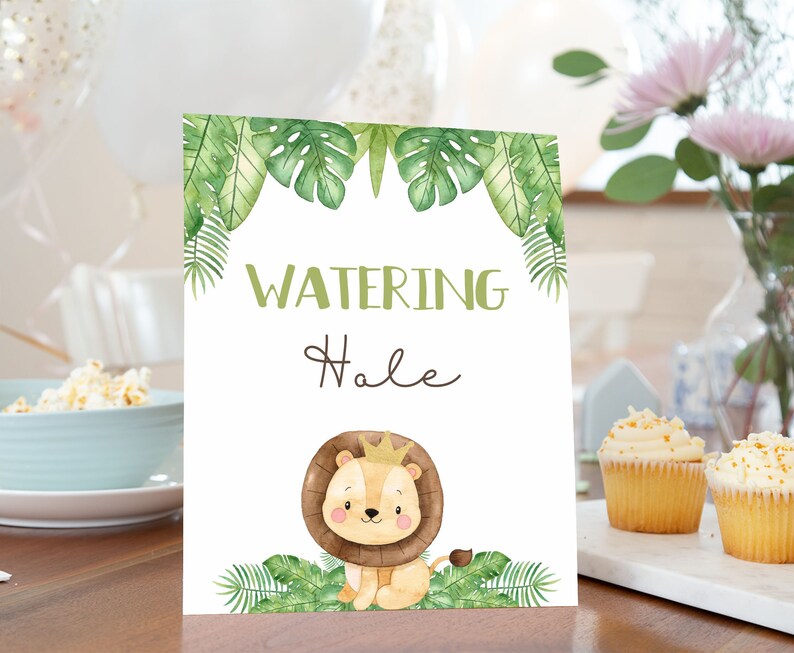 Watering Hole Sign, Drink table sign, Safari table sign, Safari birthday decorations, Jungle Animals Baby shower boy, Lion Baby Shower 35E image 1