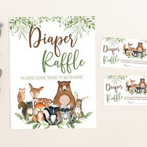 Woodland diaper raffle sign and card, Forest Animals baby shower decorations, Woodland Baby shower games, Raffle sign and tickets - 47J0