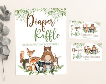 Woodland diaper raffle sign and card, Forest Animals baby shower decorations, Woodland Baby shower games, Raffle sign and tickets - 47J0