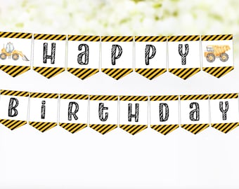Banner de cumpleaños de construcción, banderín de feliz cumpleaños, decoración de fiesta de camión volquete, fiesta de construcción imprimible, Descarga instantánea-07A