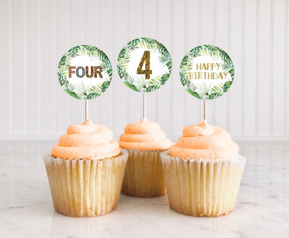 Animal print cupcake toppers, Safari 4th birthday decorations, Jungle Birthday decor, Jungle party stickers, boy party printables - 35H Il_570xn