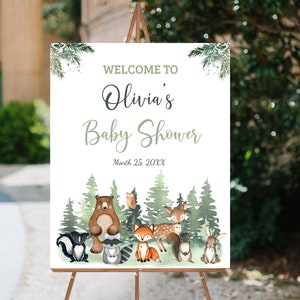 Cartel de bienvenida de Woodland Baby Shower, Descarga instantánea, Decoraciones editables de Woodland Baby Shower, Imprimibles de Baby Shower de animales del bosque - 47J2