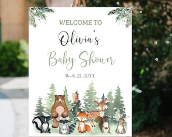 Woodland Baby Shower welcome sign, Instant Download, Editable Woodland Baby Shower Decorations, Forest animals Baby Shower printables - 47J2