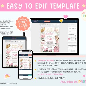May include: A digital template for a farm-themed birthday invitation. The invitation features a pink barn, a tractor, and a variety of farm animals. The text on the invitation reads "Sophia is turning two!" and includes a date and time for the party. The template is customizable using the online tool Corjl.