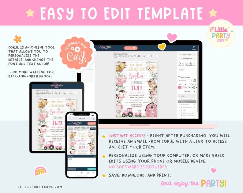 May include: A digital template for a farm-themed birthday invitation. The invitation features a pink barn, a tractor, and a variety of farm animals. The text on the invitation reads "Sophia is turning two!" and includes a date and time for the party. The template is customizable using the online tool Corjl.