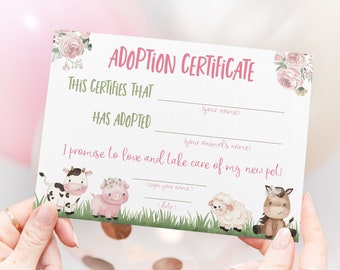 Girl farm adoption certificate, Adopt an animal, Pet adoption party certificate, Floral farm birthday printables, Instant Download - 11A