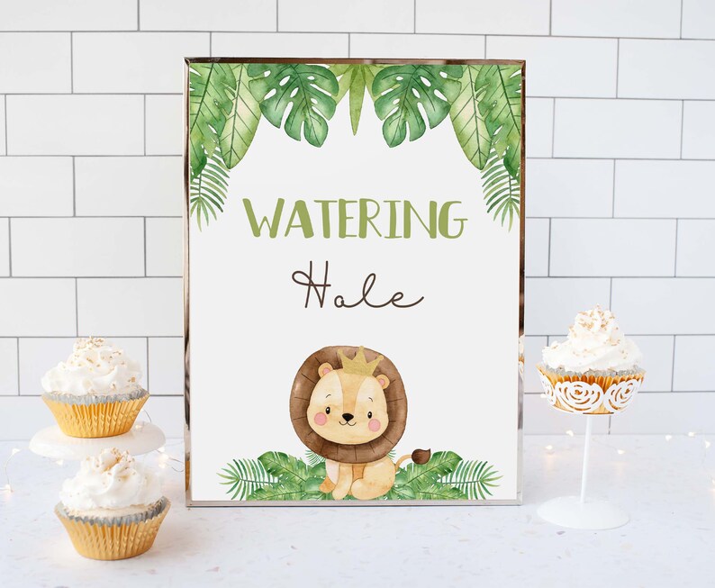 Watering Hole Sign, Drink table sign, Safari table sign, Safari birthday decorations, Jungle Animals Baby shower boy, Lion Baby Shower 35E image 5