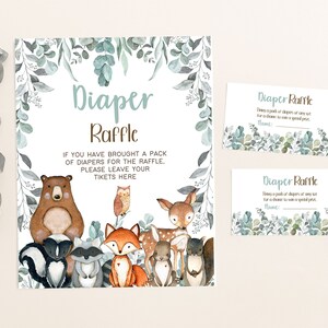 Woodland diaper raffle sign and card, Forest baby shower decorations, Woodland Greenery Baby shower games, Raffle sign and tickets - 47J1