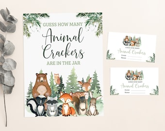 Guess how many animal crackers game, Woodland shower games, Forest Animals baby shower printables, Sign and cards, Instant Download - 47J2