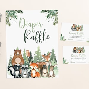 Woodland diaper raffle sign and card, Forest Animals baby shower decorations, Woodland Baby shower games, Raffle sign and tickets - 47J2