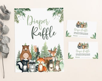 Woodland diaper raffle sign and card, Forest Animals baby shower decorations, Woodland Baby shower games, Raffle sign and tickets - 47J2