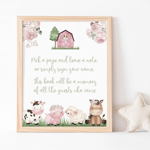 Girl Farm Guest Book Sign, Floral Farm birthday party printable, Pink Barnyard baby shower, Farm animals party decor, Instant Download - 11A
