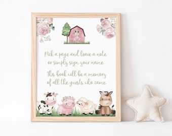 Girl Farm Guest Book Sign, Floral Farm birthday party printable, Pink Barnyard baby shower, Farm animals party decor, Instant Download - 11A