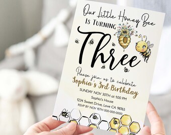 EDITABLE Bee Birthday Invitation, Girl birthday party invite, Bumblee party printables, Honey Bee Invitation, Bumble Bee 3rd birthday - 61A