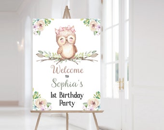 EDITABLE Owl First Birthday Welcome Sign, Girl birthday party decoration, Owl party printables - 78A1