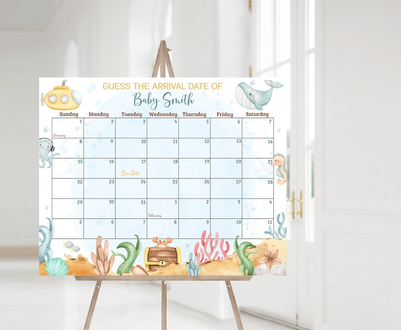 Editable Due Date Calendar Under the Sea Baby Shower Games Etsy